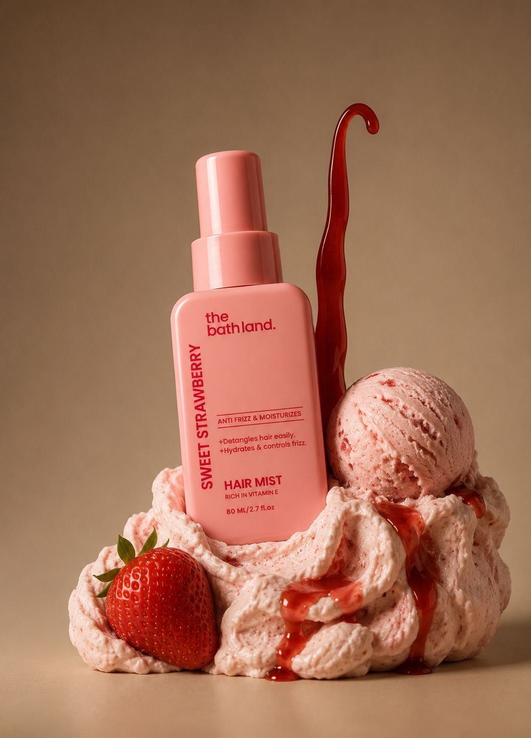 The Bathland Sweet Strawberry Hair Mist bottle in pink, styled with whipped cream, a strawberry, a scoop of strawberry ice cream, and a red syrup drizzle on a warm beige background.